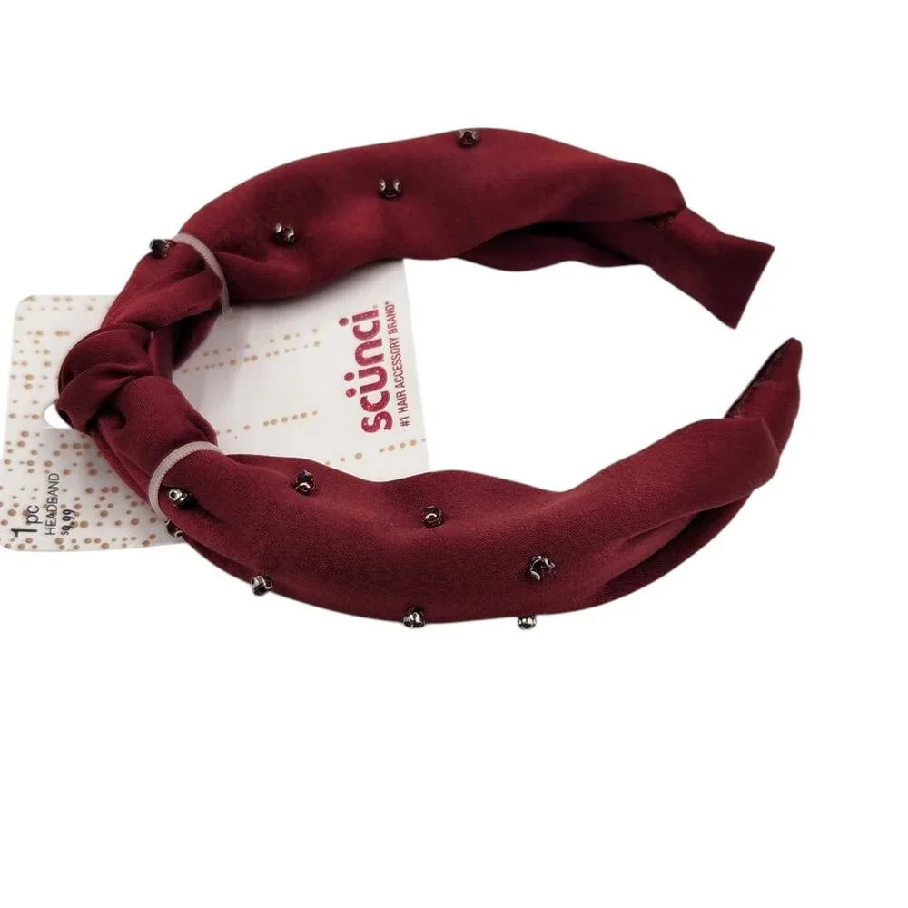 Scunci Hair Headband‎ Womens 1 Pc Red Deep Rose Color Jewels Satin Fabric